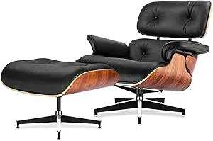 Top Black Grain Leather, Mid Century Chaise Lounge Chair and Ottoman, Modern Chair Classic Design, Walnut Wood, Heavy Duty Base