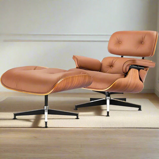 Top Black Grain Leather, Mid Century Chaise Lounge Chair and Ottoman, Modern Chair Classic Design, Walnut Wood, Heavy Duty Base